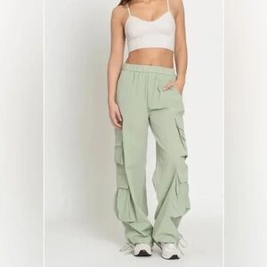 Gold Hinge Designer Parachute Cargo Pants Pistachio Nylon Wide Leg Jogger Small
